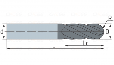 Фреза сферическая твердосплавная 3 зуба, HRC 65, 10х30х10х150L,R5
